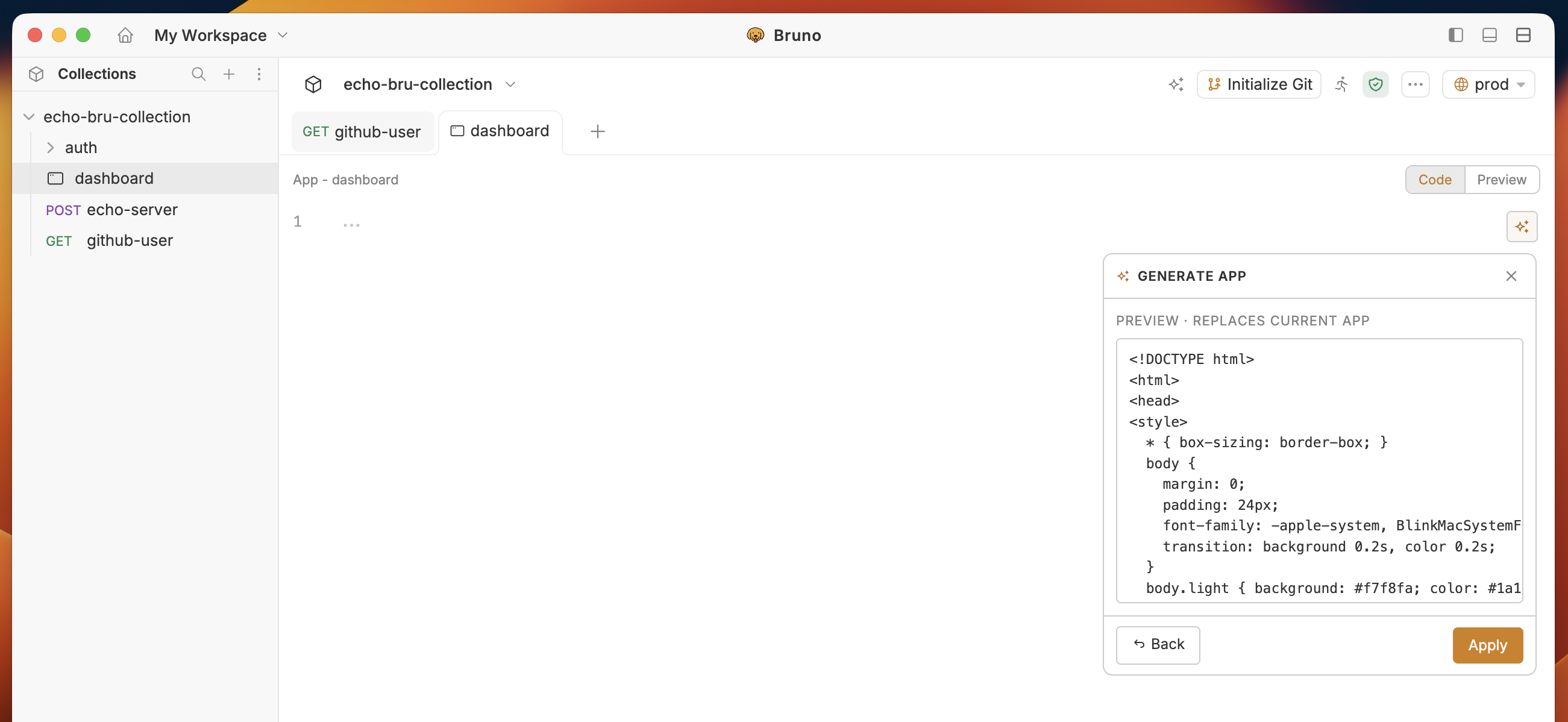 Applying AI-generated code to the collection App editor