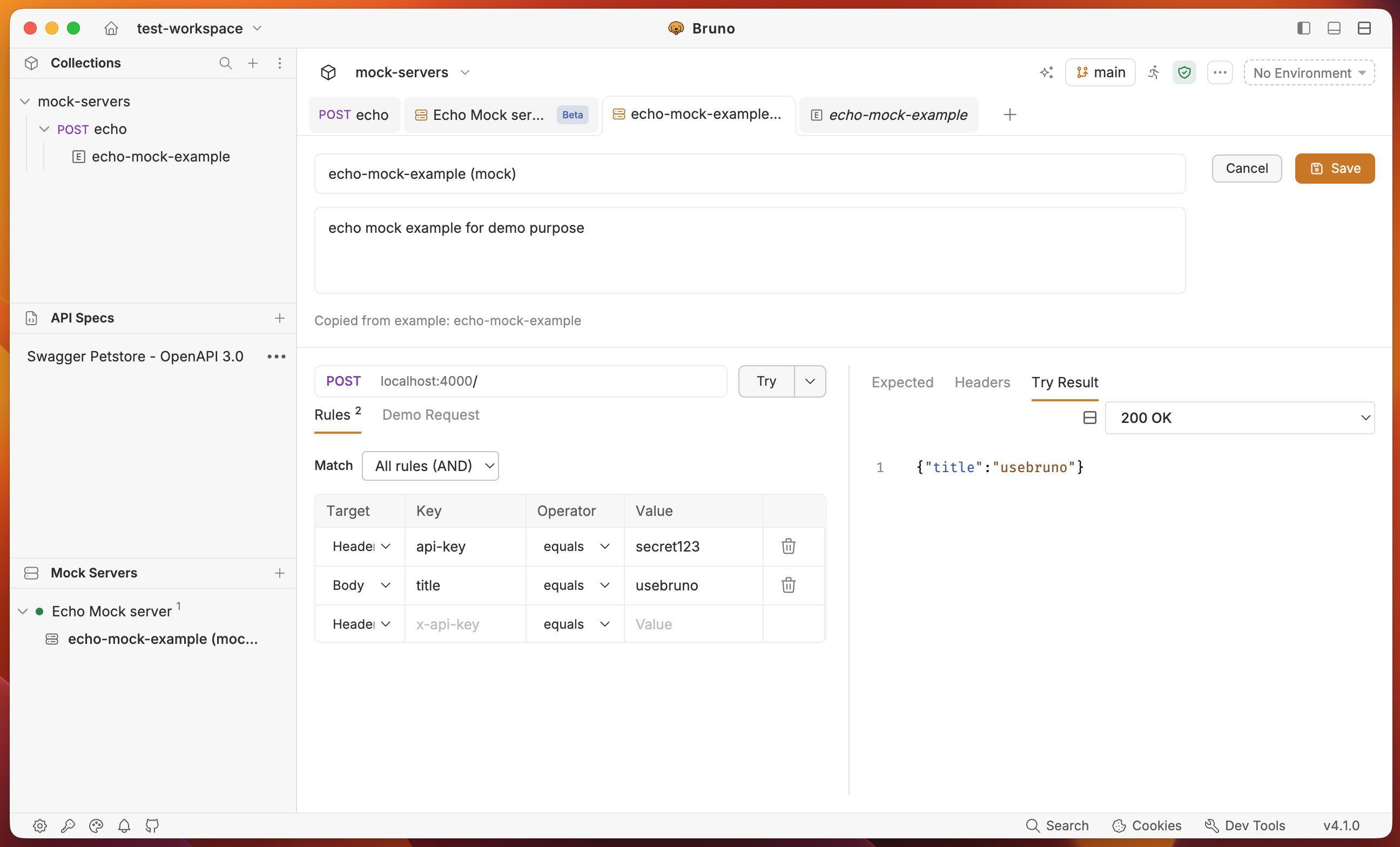Rules editor with Save, Try, and Try Result