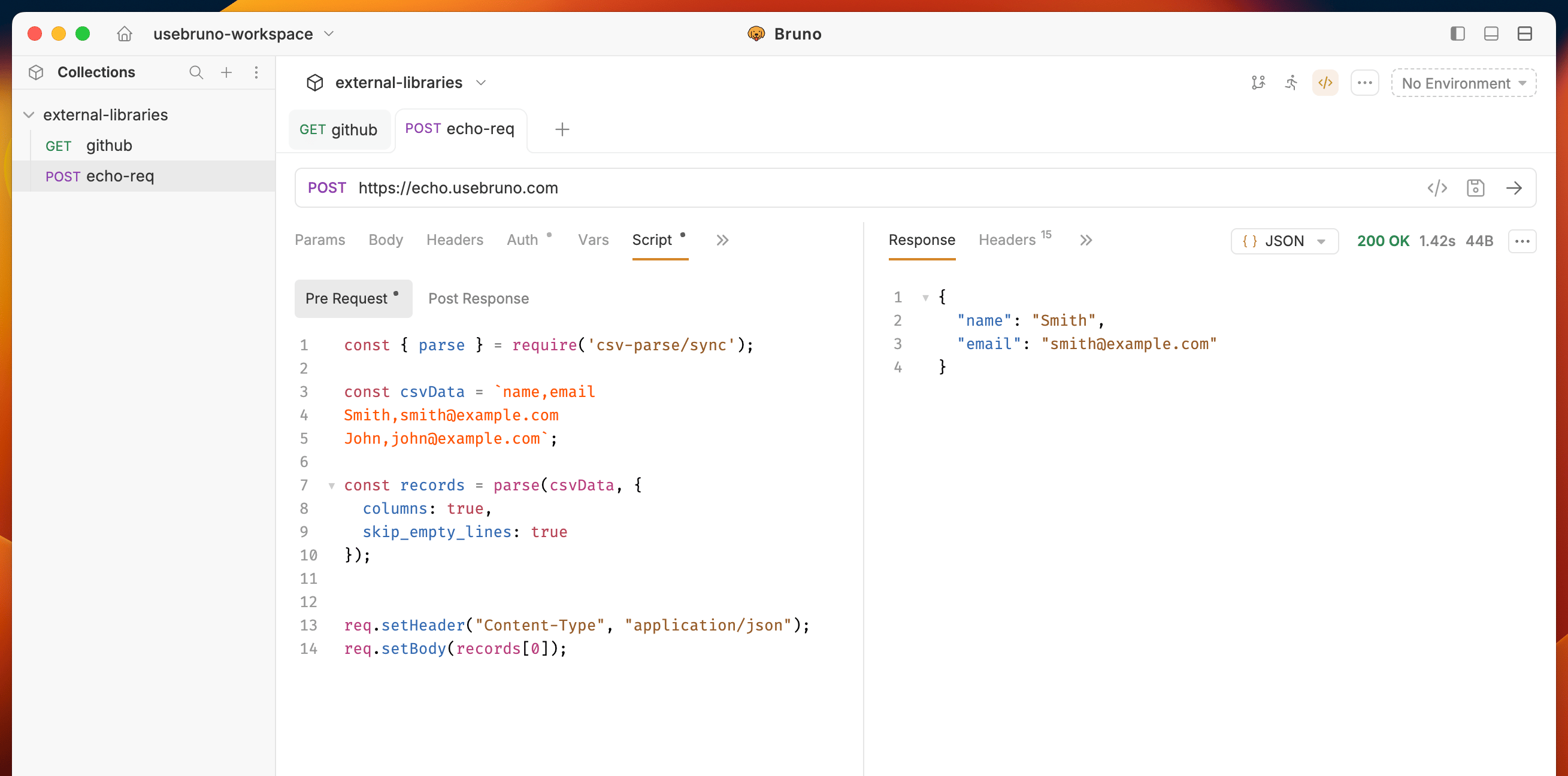 Bruno Pre Request script using an external library (csv-parse)