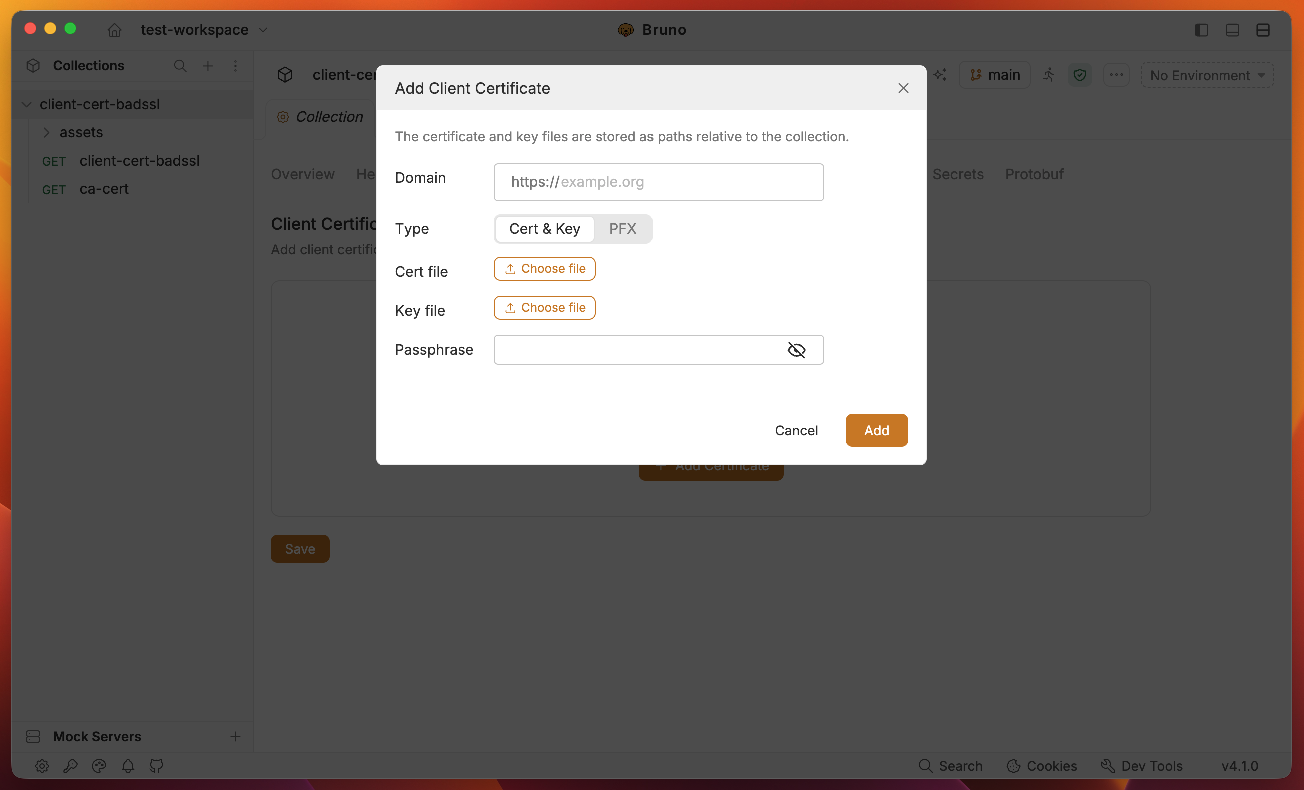 Add Client Certificate modal