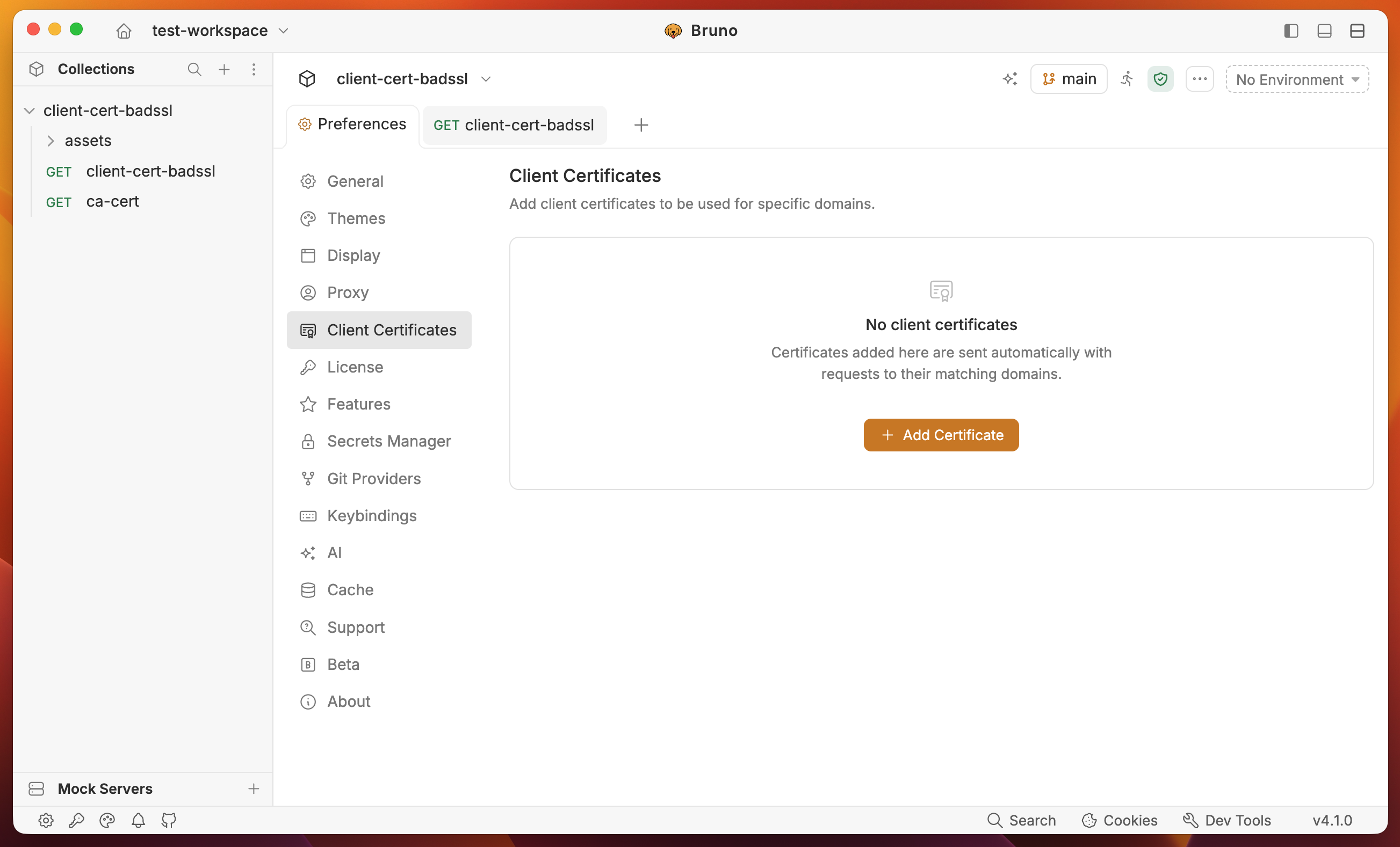 Global client certificates in Preferences