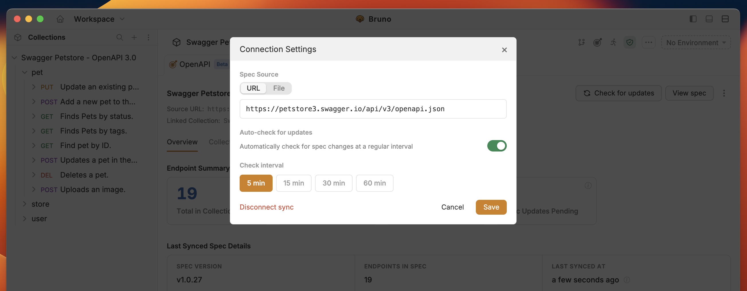 Edit connection settings – auto check for updates