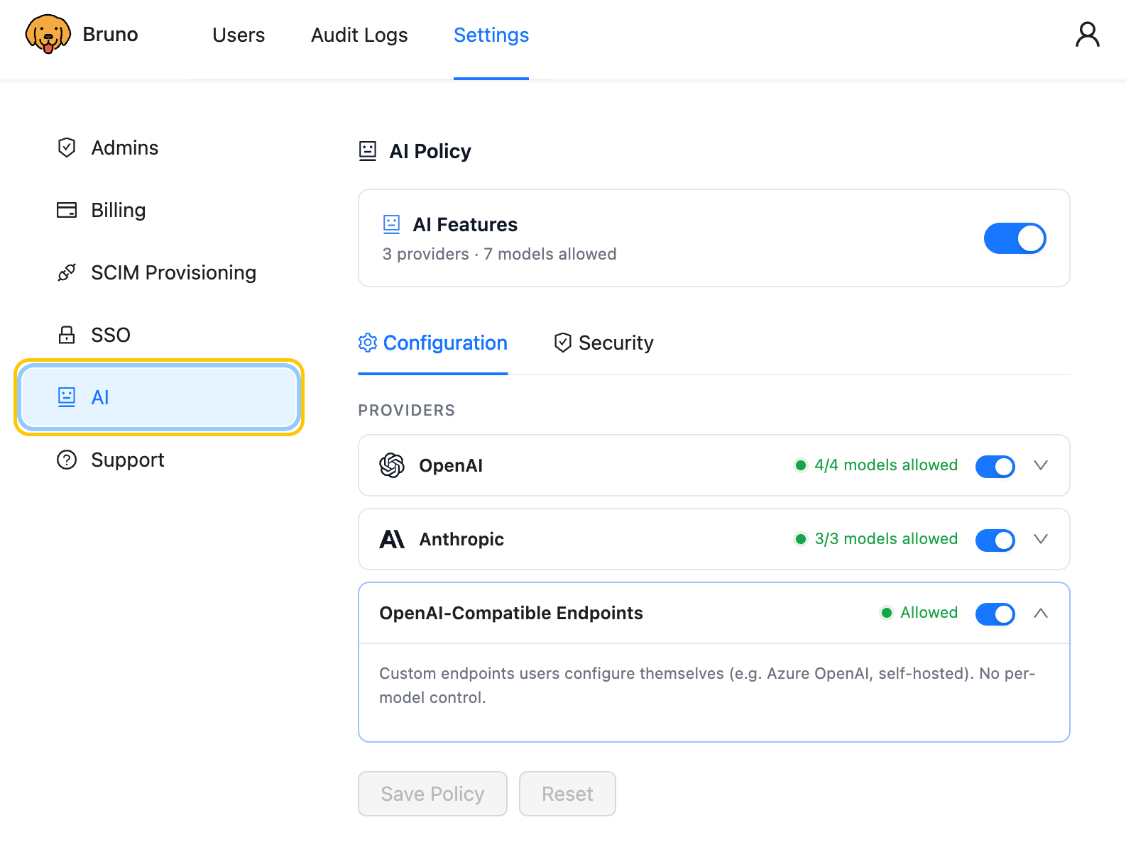 AI Policy in the License Portal — Settings sidebar with AI selected, showing the Configuration tab