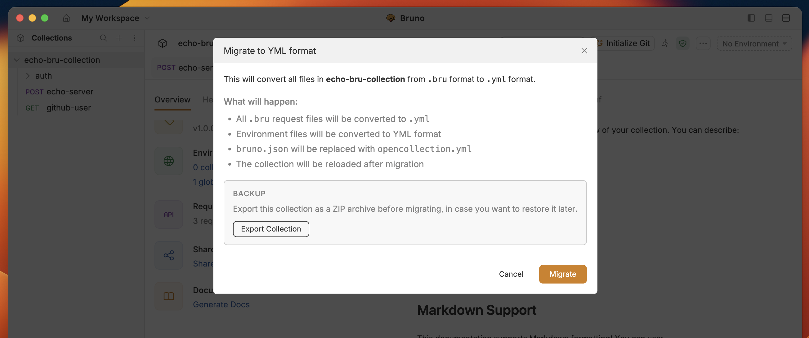 Migration dialog with backup option