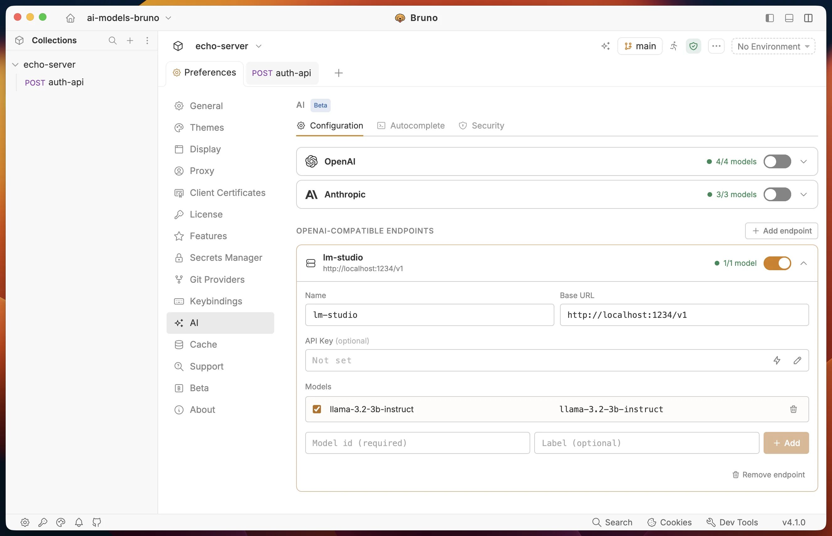 An OpenAI-compatible endpoint expanded in Preferences showing the Name, Base URL, optional API Key, and Models fields