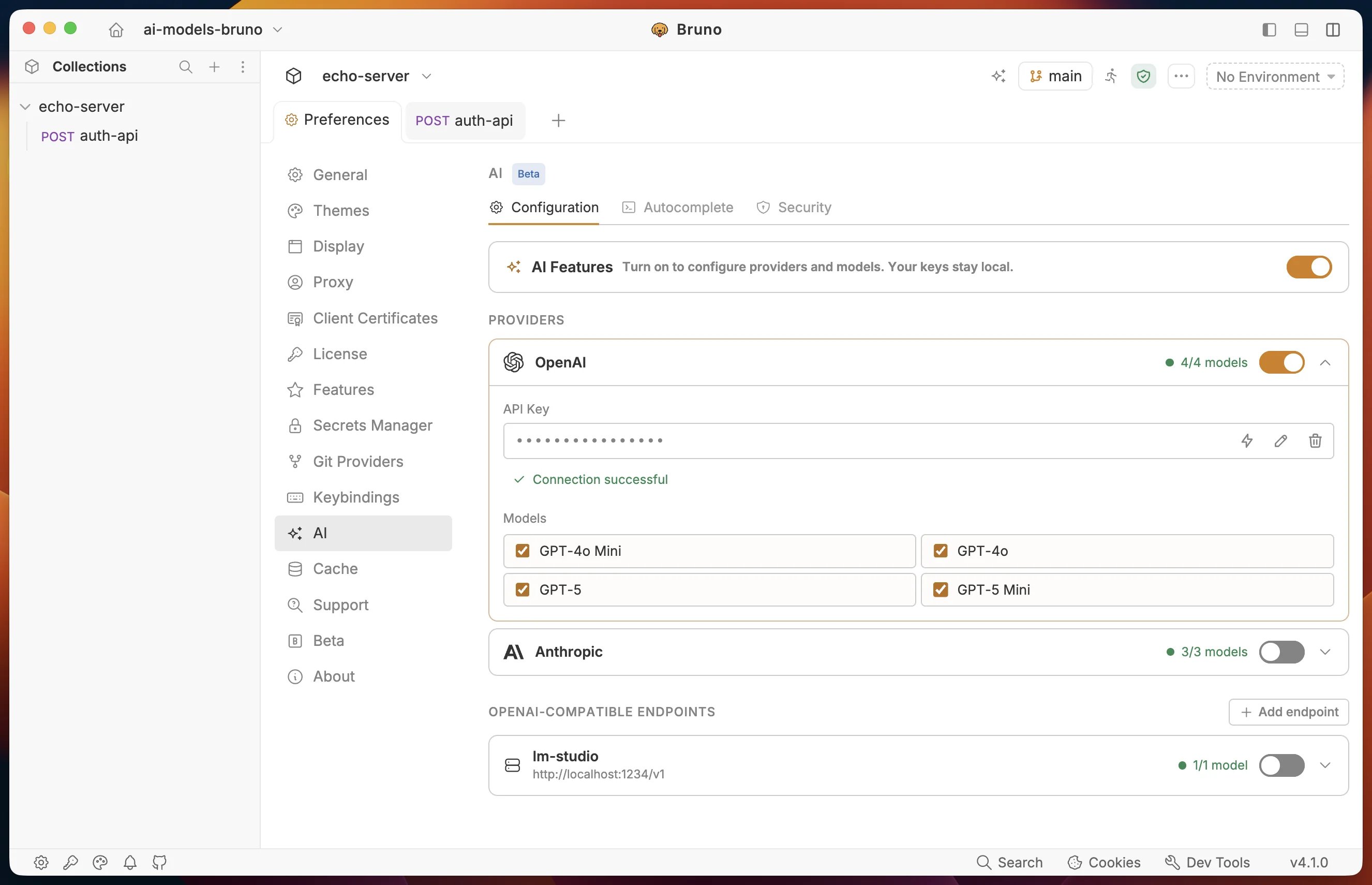 OpenAI provider expanded in Preferences with a saved API key, a successful connection test, and the model checkboxes