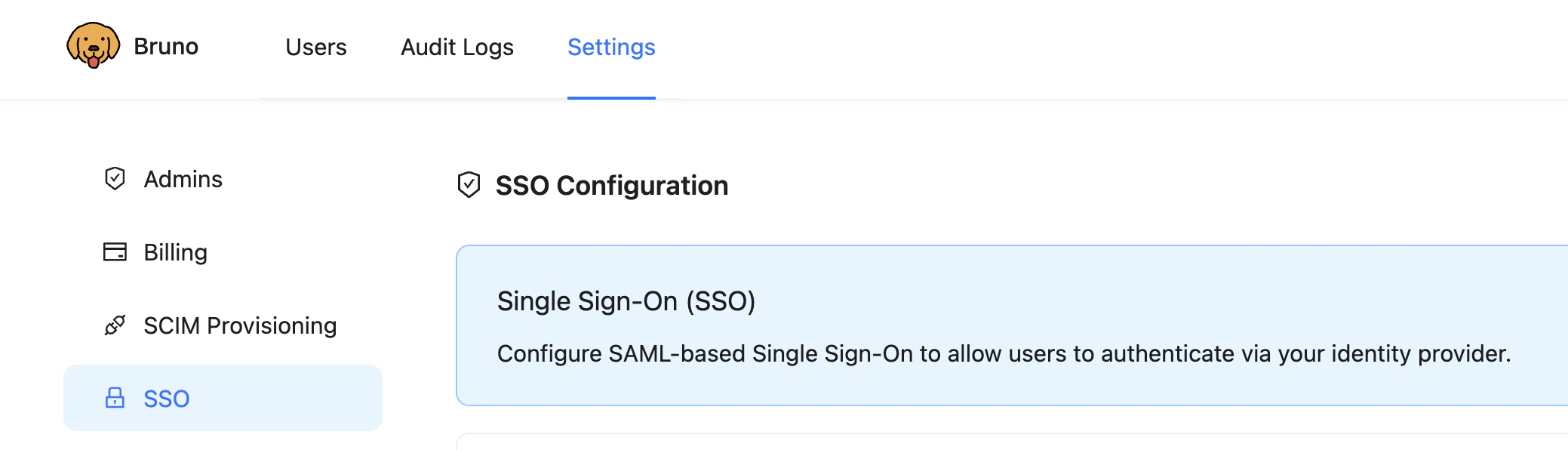 Bruno SSO Configuration settings page