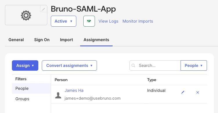 Assign users or groups to Bruno app in Okta