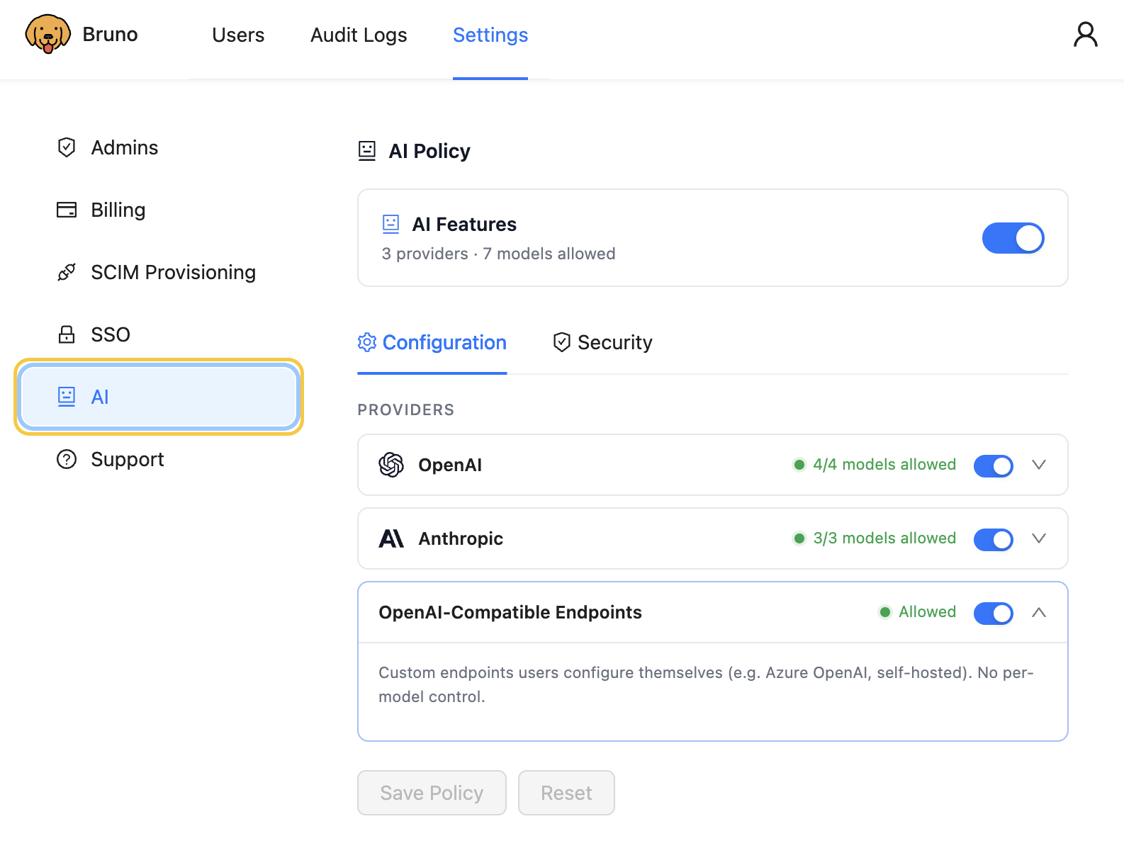 AI Policy in the License Portal — Settings sidebar with AI selected, showing the Configuration tab