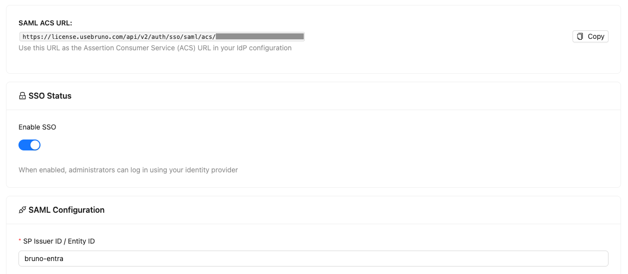 Bruno SSO Configuration settings page
