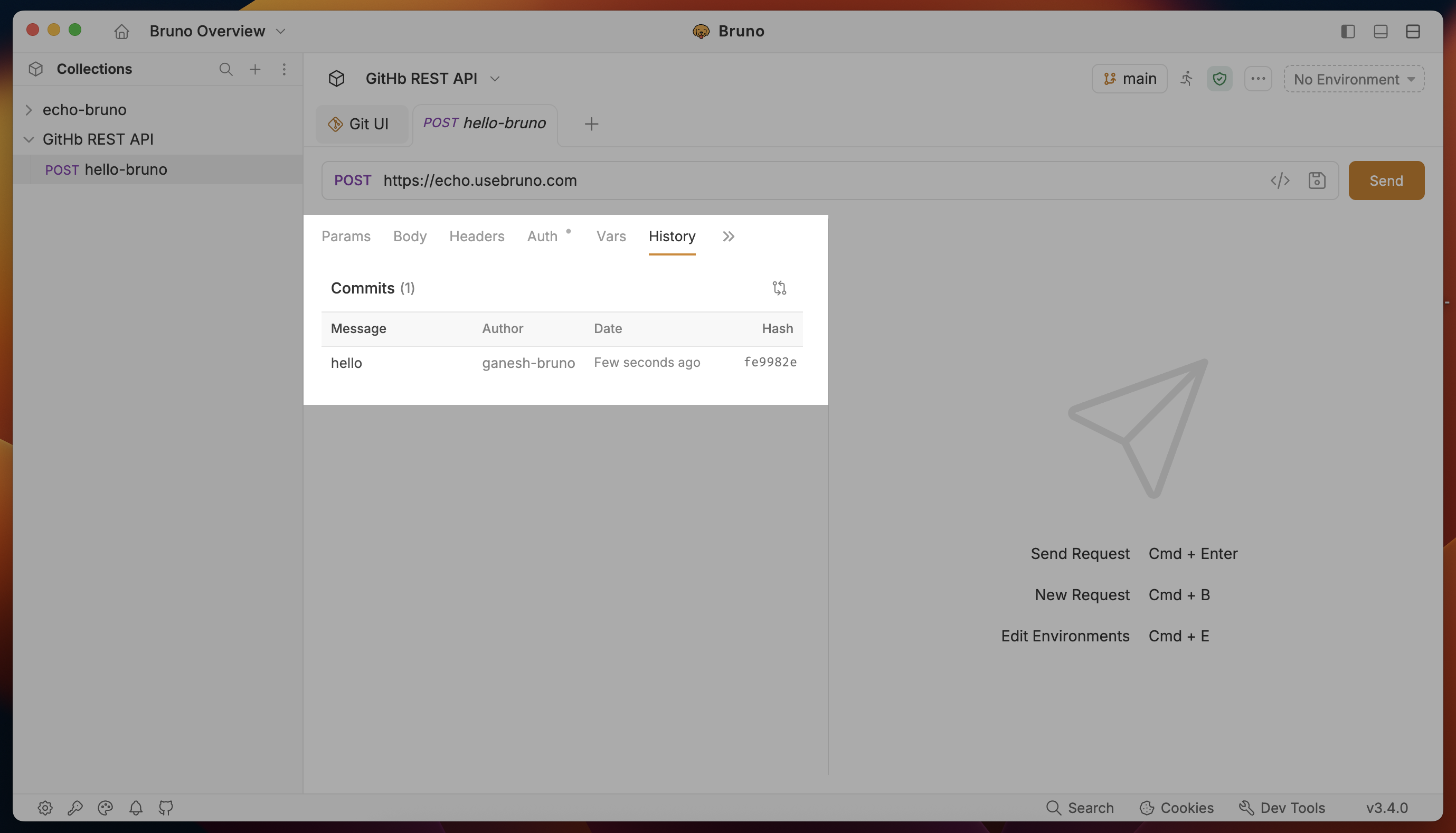 History tab — no git repository