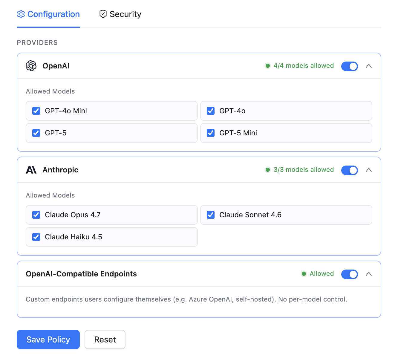 AI Policy Configuration tab — OpenAI and Anthropic providers expanded with per-model allow toggles, plus OpenAI-Compatible Endpoints