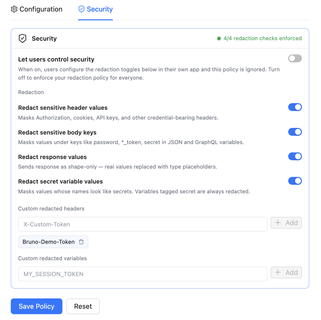 AI Policy Security tab — "Let users control security" switch and the four redaction controls with custom redacted headers and variables