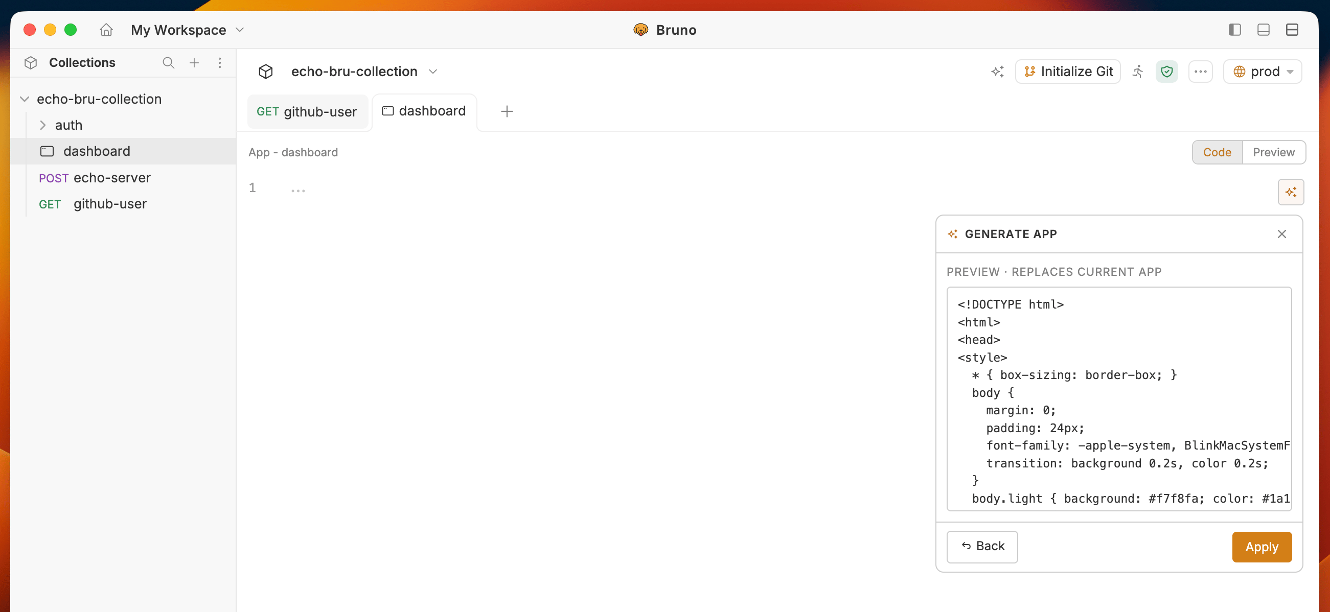 Applying AI-generated code to the collection App editor