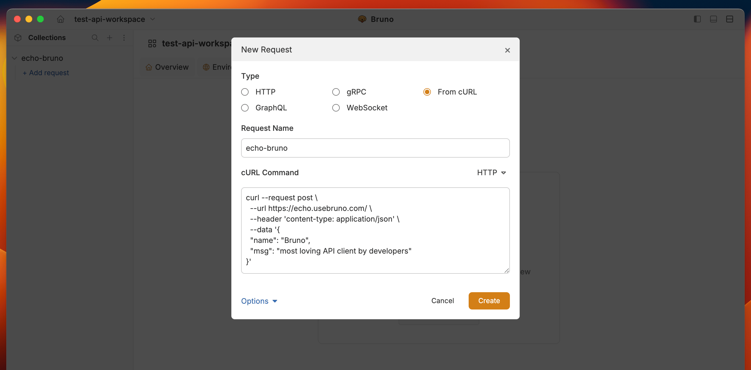 New Request dialog — From cURL