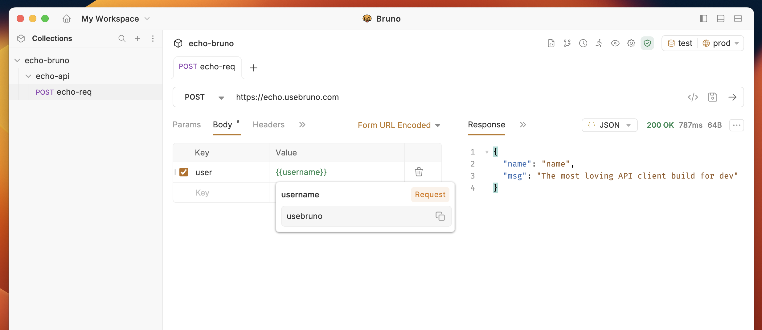Screenshot showing how to use defined variables in the request body