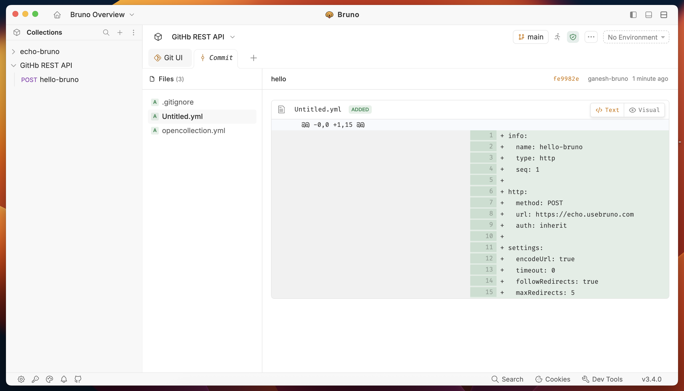 History tab — commit diff