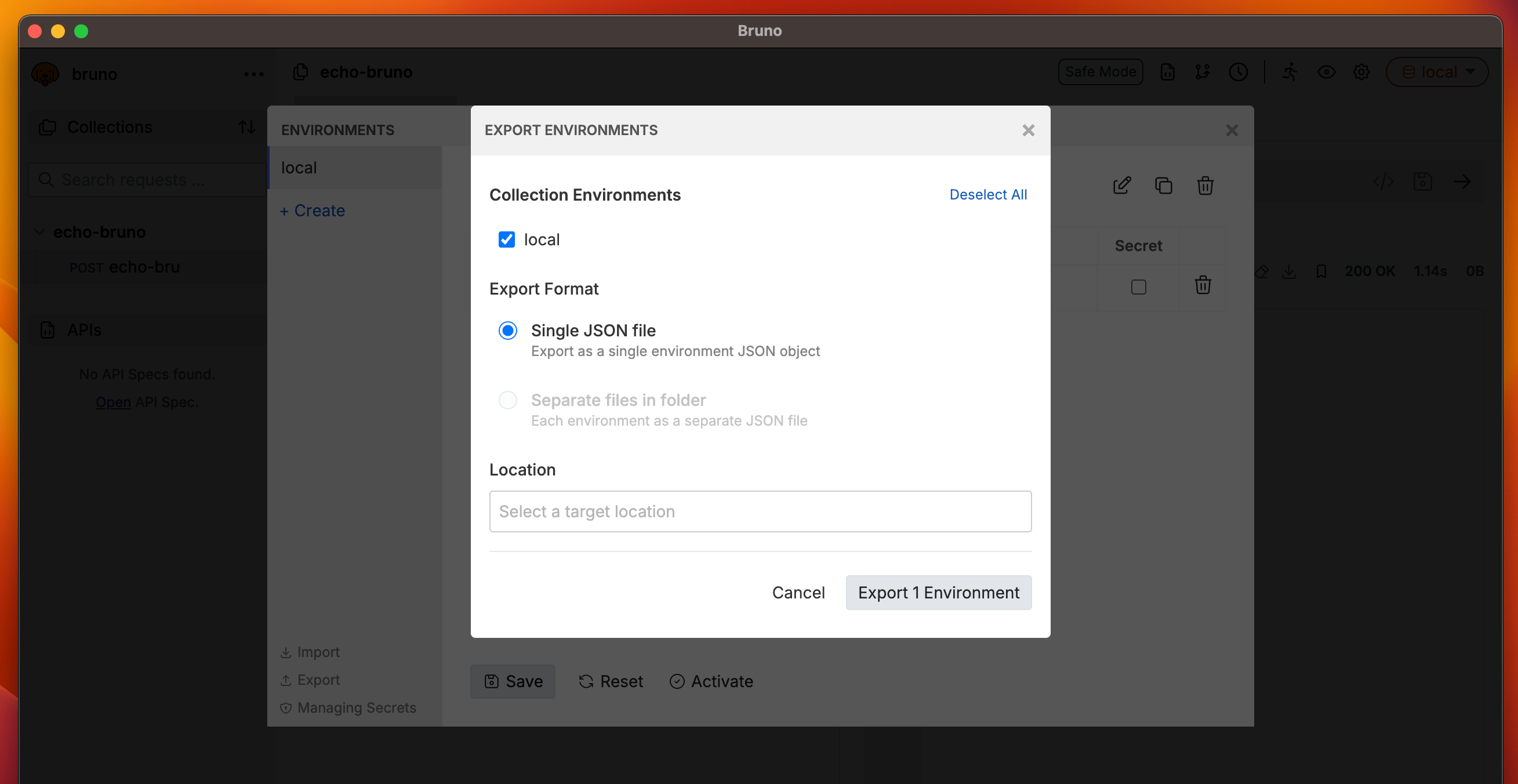 Export Collection Environment Location