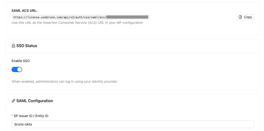 Bruno SSO Configuration settings page with SAML ACS URL and SP Issuer ID / Entity ID highlighted