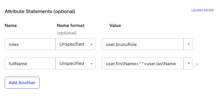 Configure attribute statements in Okta showing roles and fullName