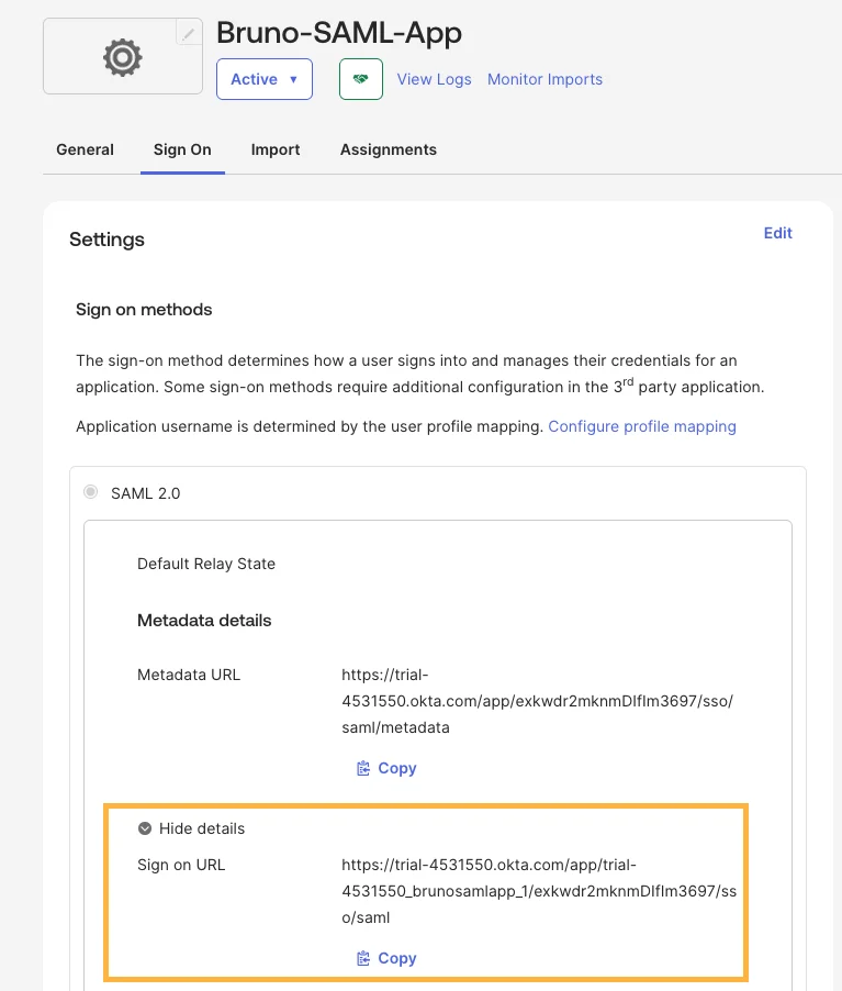 Copy SAML metadata from Okta