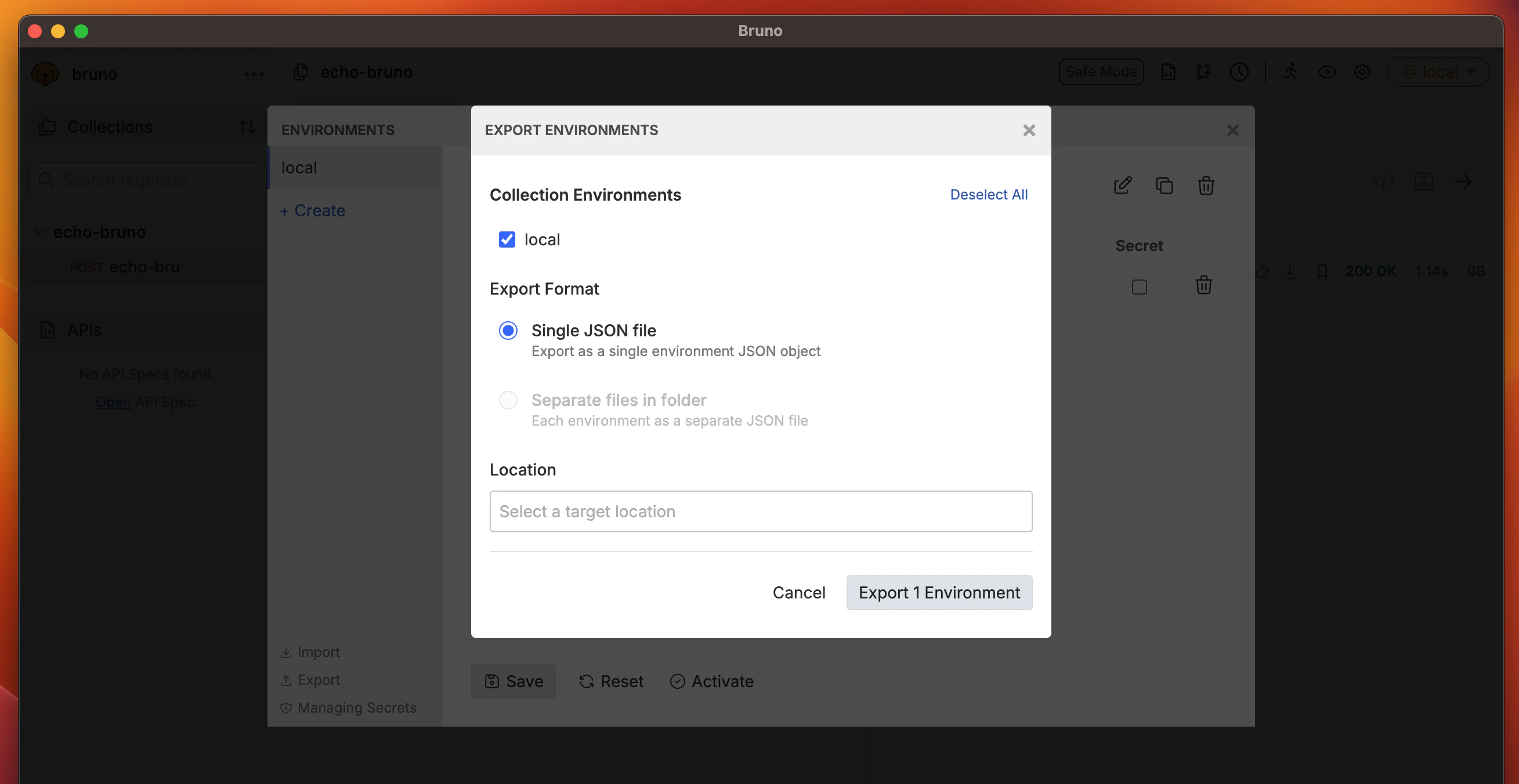 Export Collection Environment Location