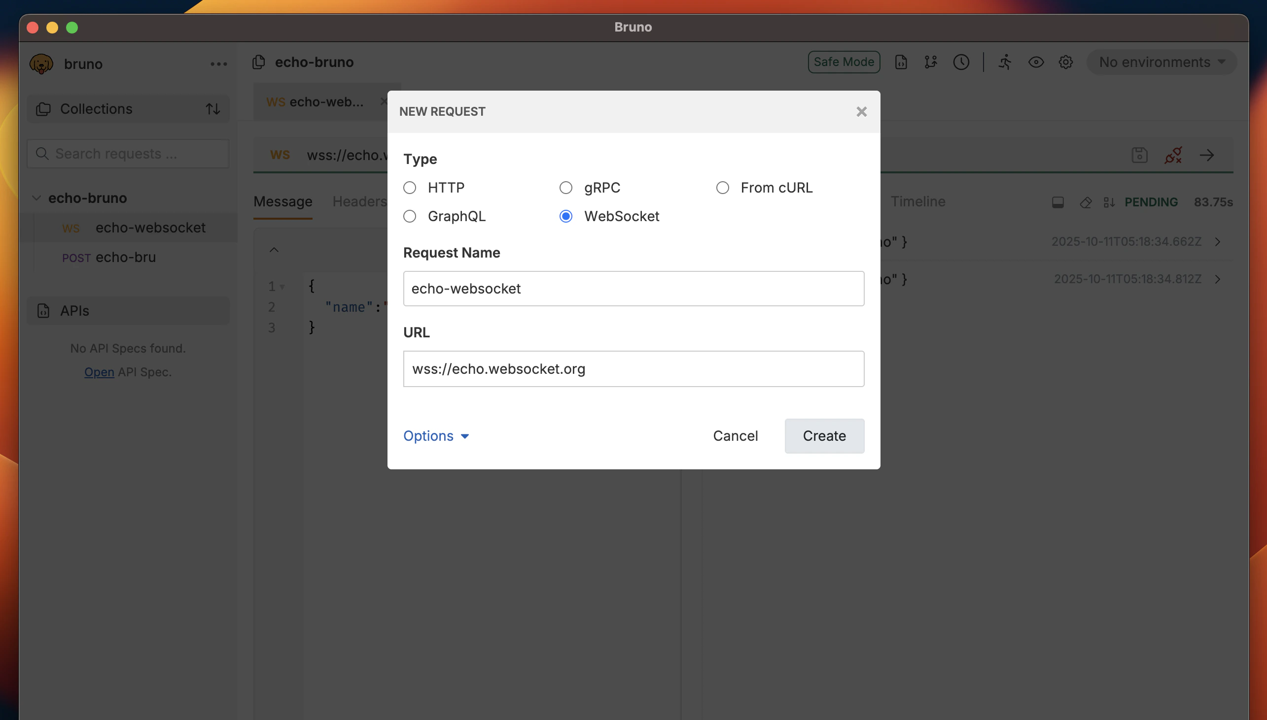 Create WebSocket Request
