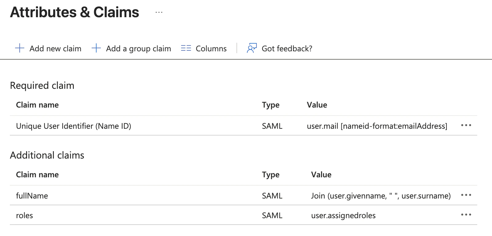 Finalized attributes and claims configuration in Entra ID