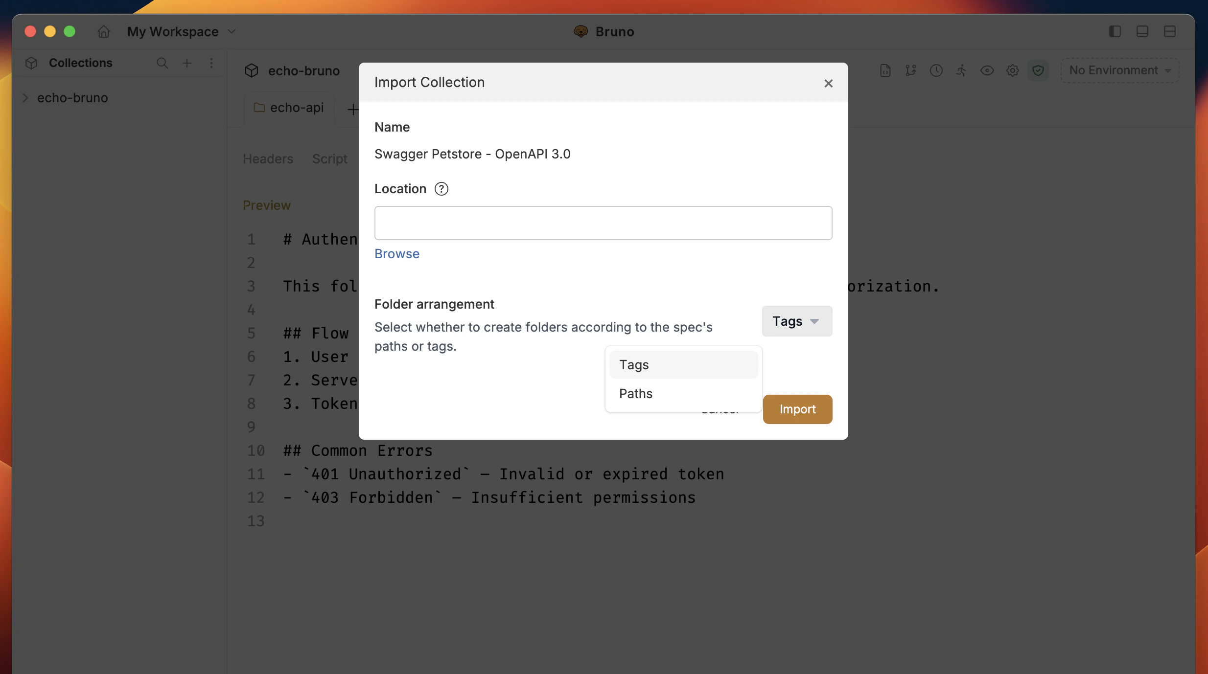 OpenAPI Import Dialog