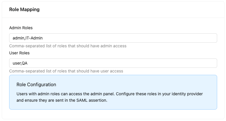 Bruno SAML SSO role mapping configuration showing Admin Roles and User Roles fields