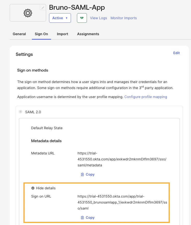 Copy SAML metadata from Okta