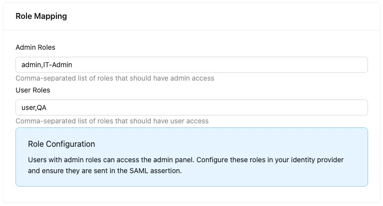 Bruno SAML SSO role mapping configuration showing Admin Roles and User Roles fields
