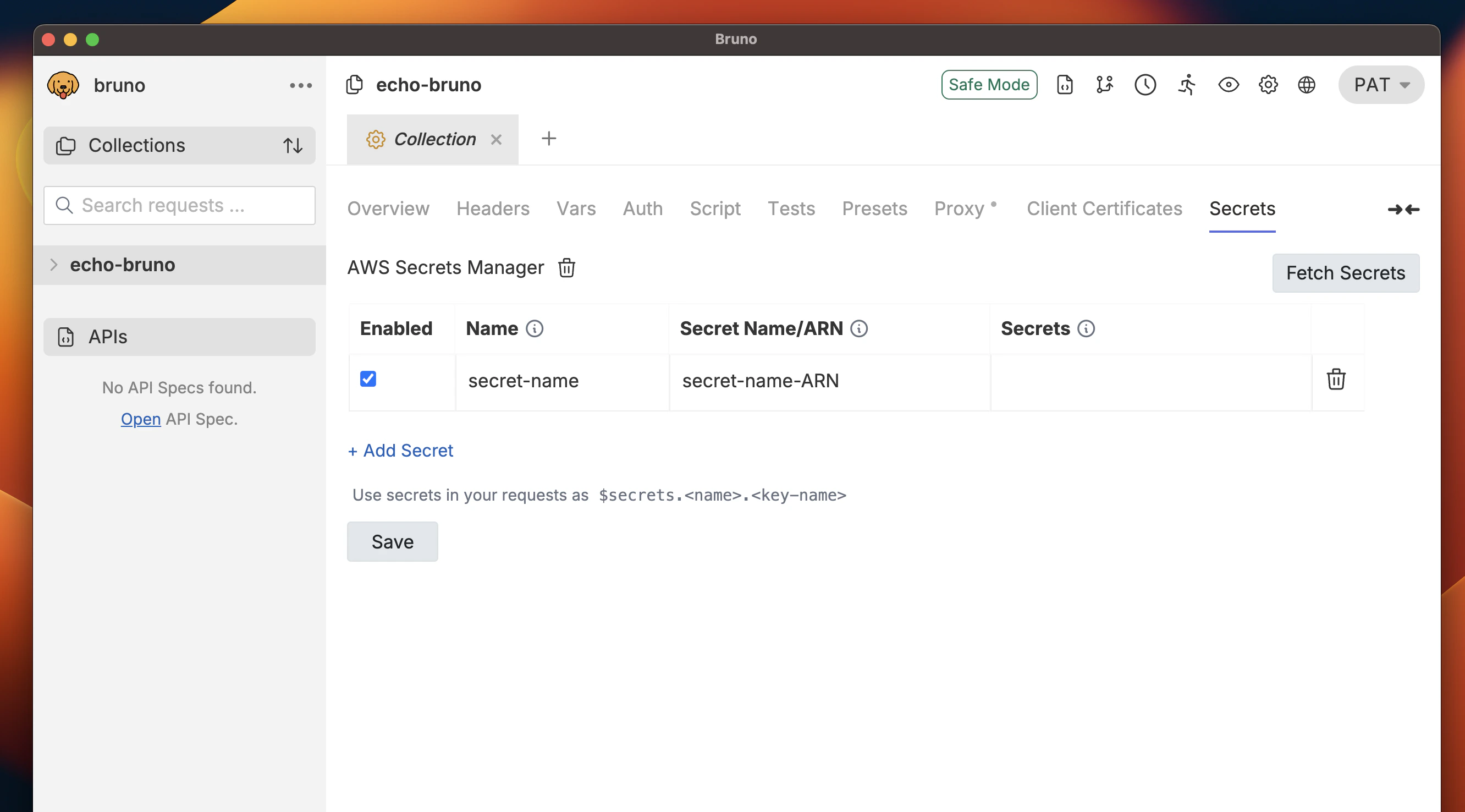 AWS Secret Configuration Dialog