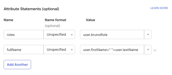 Configure attribute statements in Okta showing roles and fullName