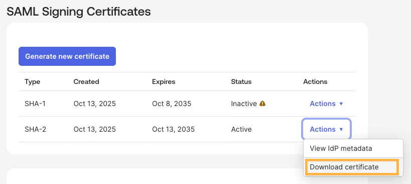 Download SAML certificate from Okta