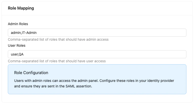 Bruno SAML SSO role mapping configuration showing Admin Roles and User Roles fields