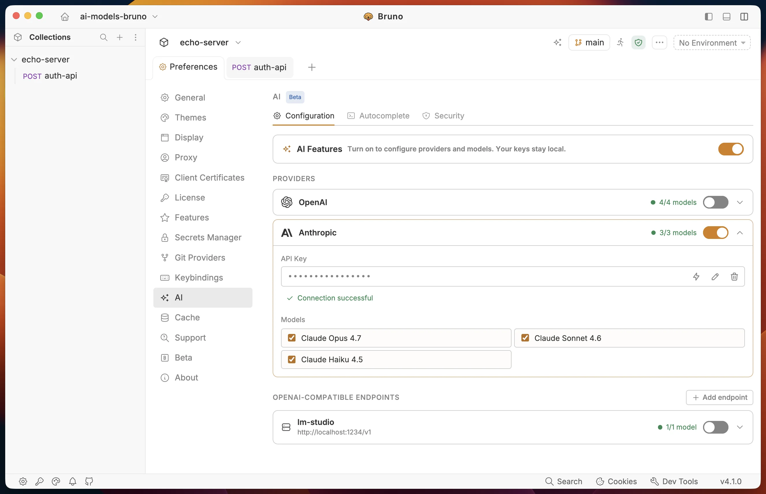 Anthropic provider expanded in Preferences with a saved API key, a successful connection test, and the Claude model checkboxes