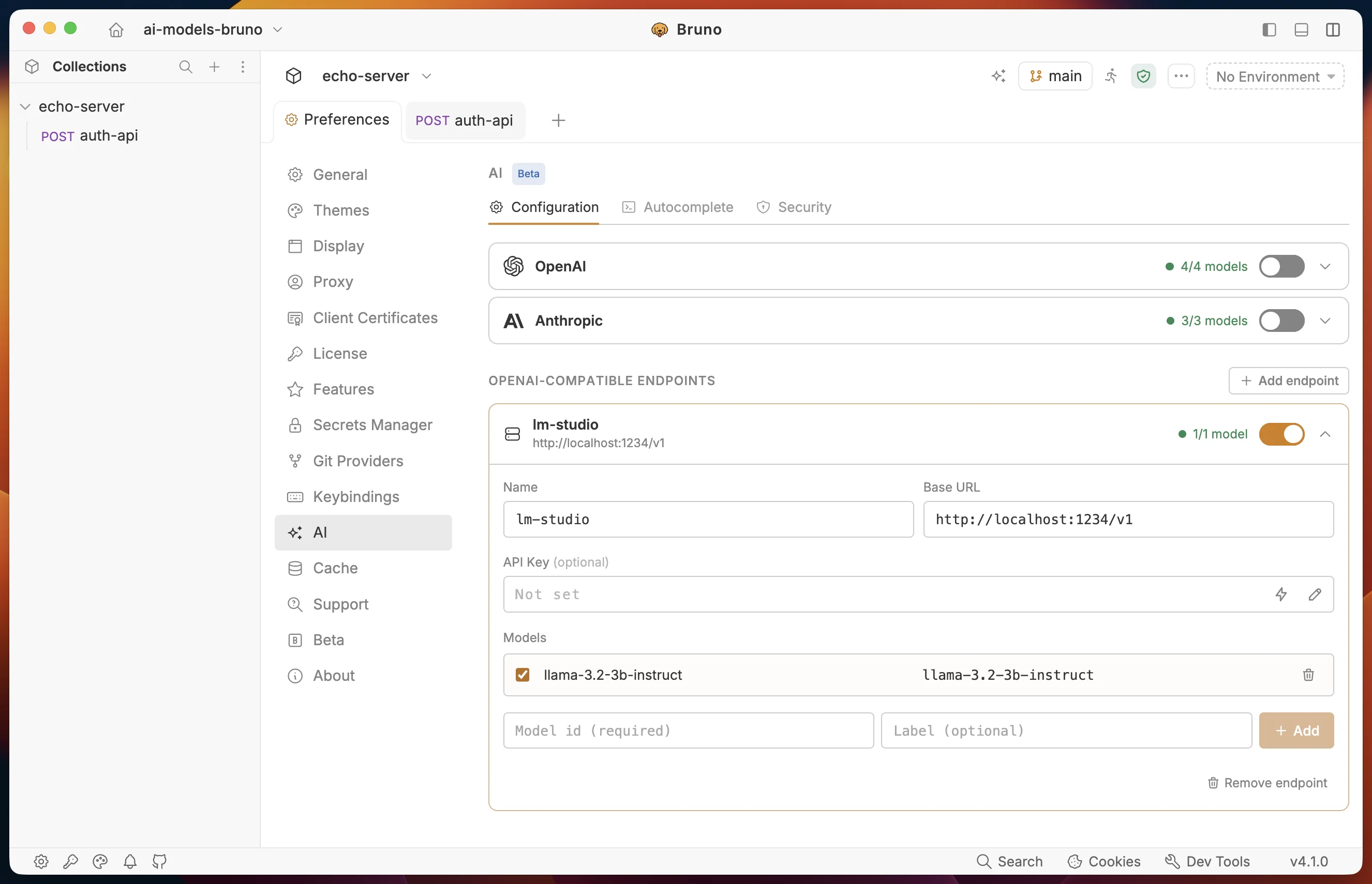 An OpenAI-compatible endpoint expanded in Preferences showing the Name, Base URL, optional API Key, and Models fields