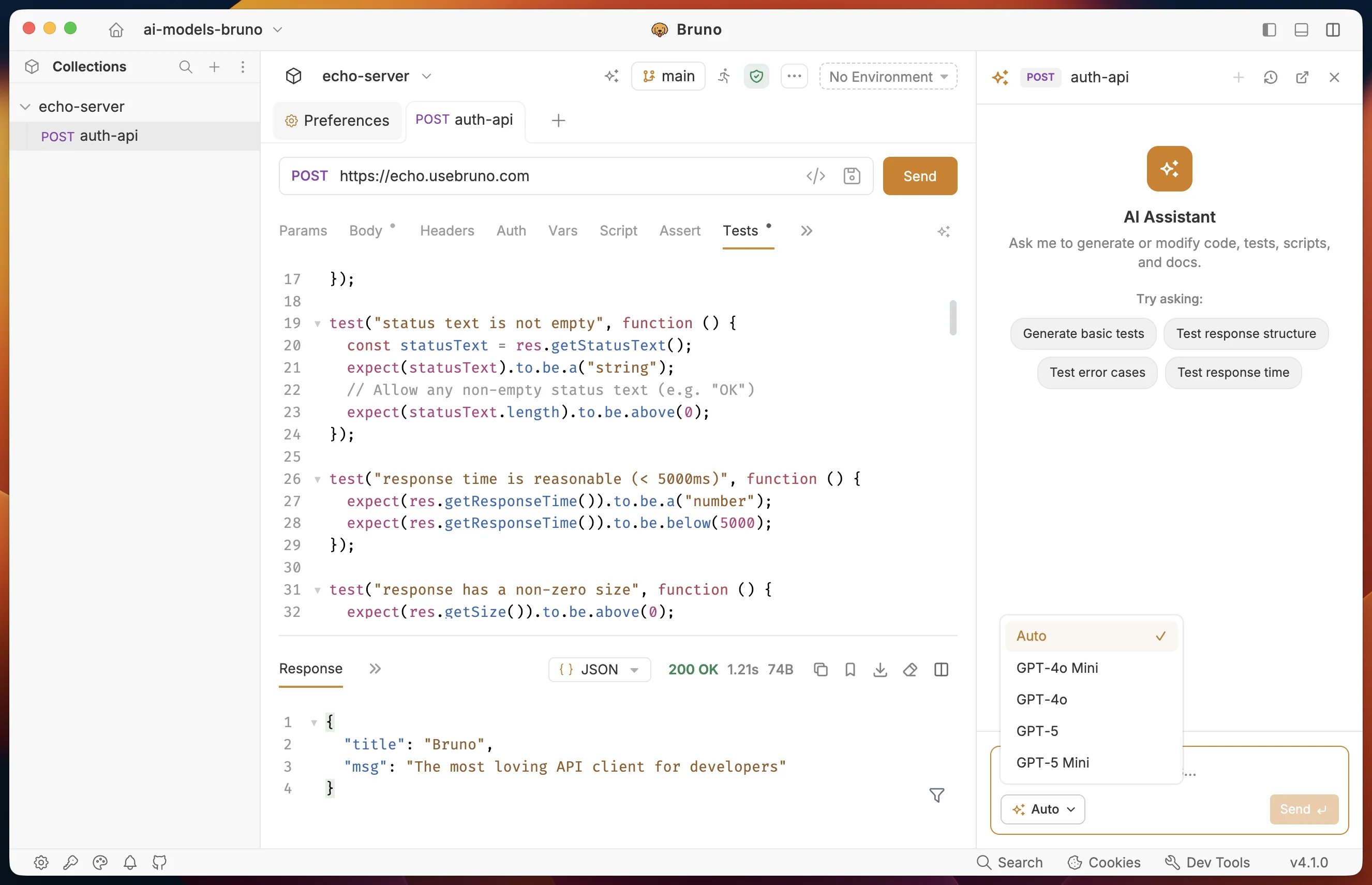 AI Assistant model picker listing the enabled OpenAI models
