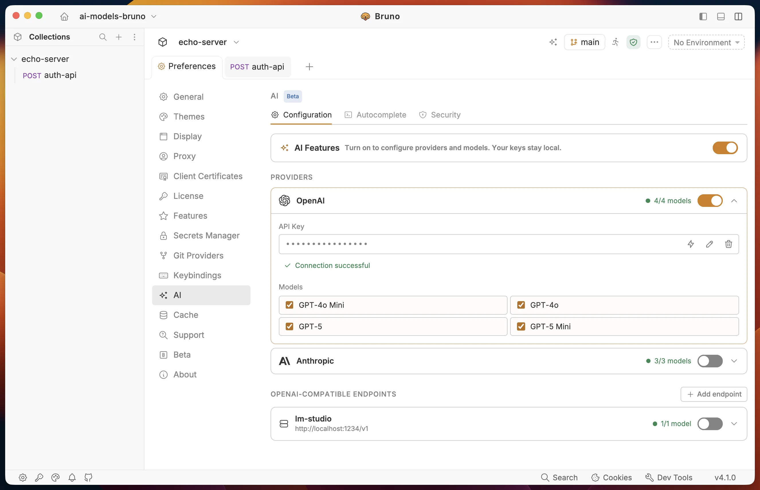 OpenAI provider expanded in Preferences with a saved API key, a successful connection test, and the model checkboxes