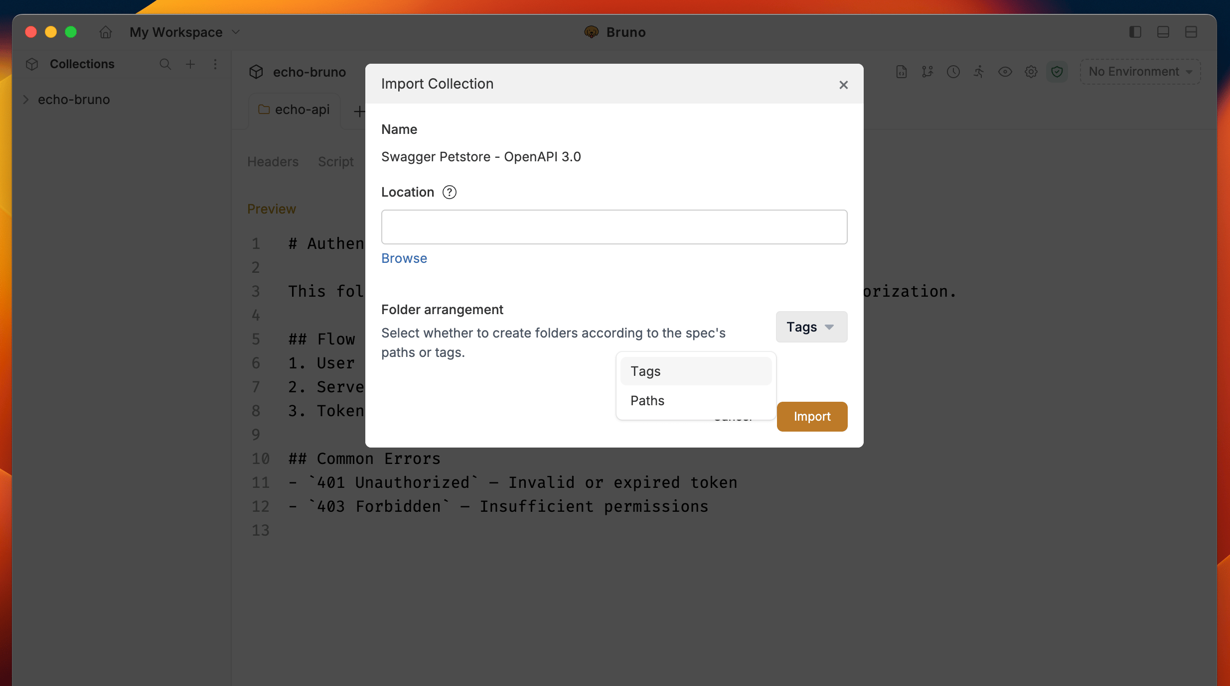 OpenAPI Import Dialog