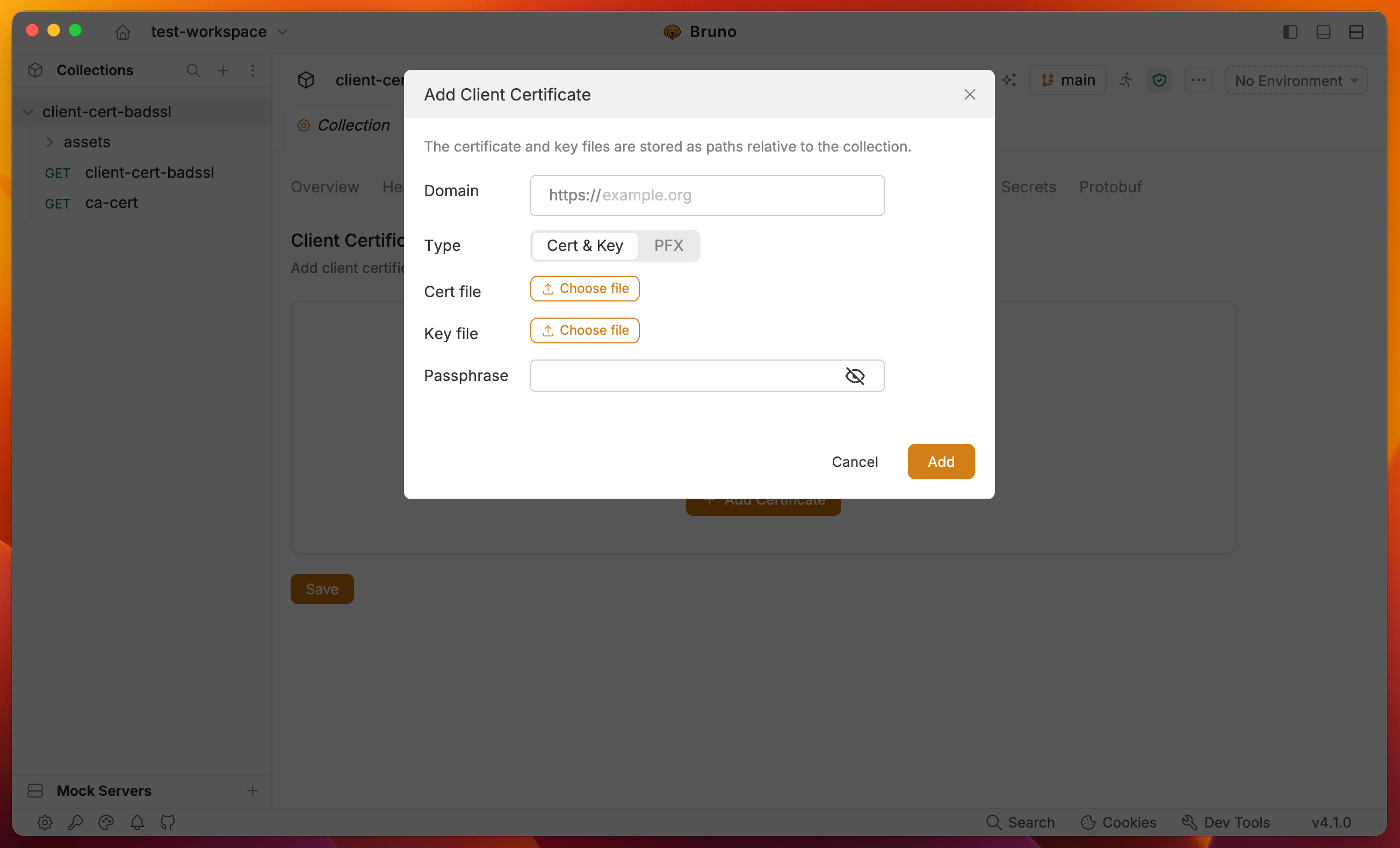 Add Client Certificate modal