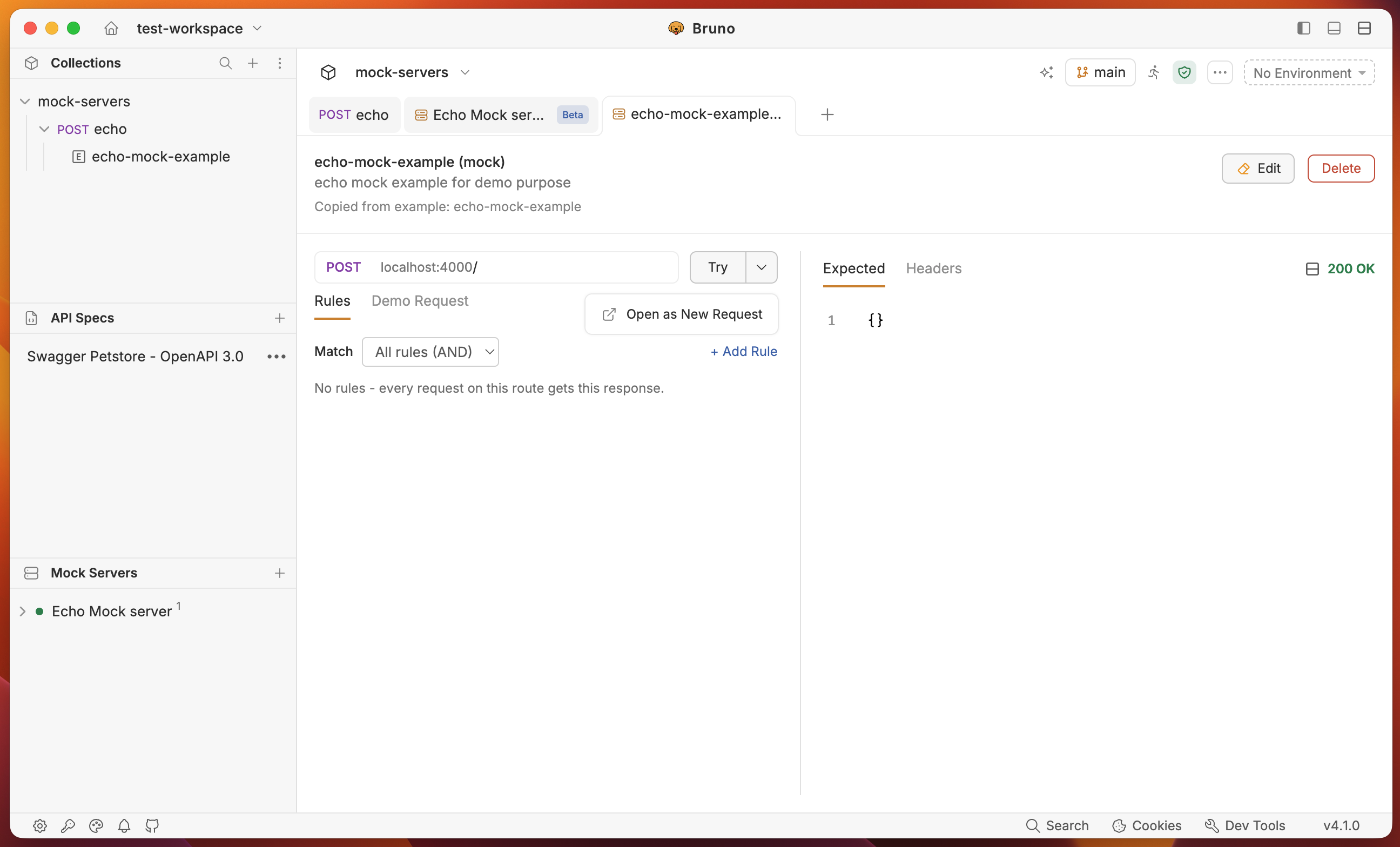Mock response editor for a synced collection example