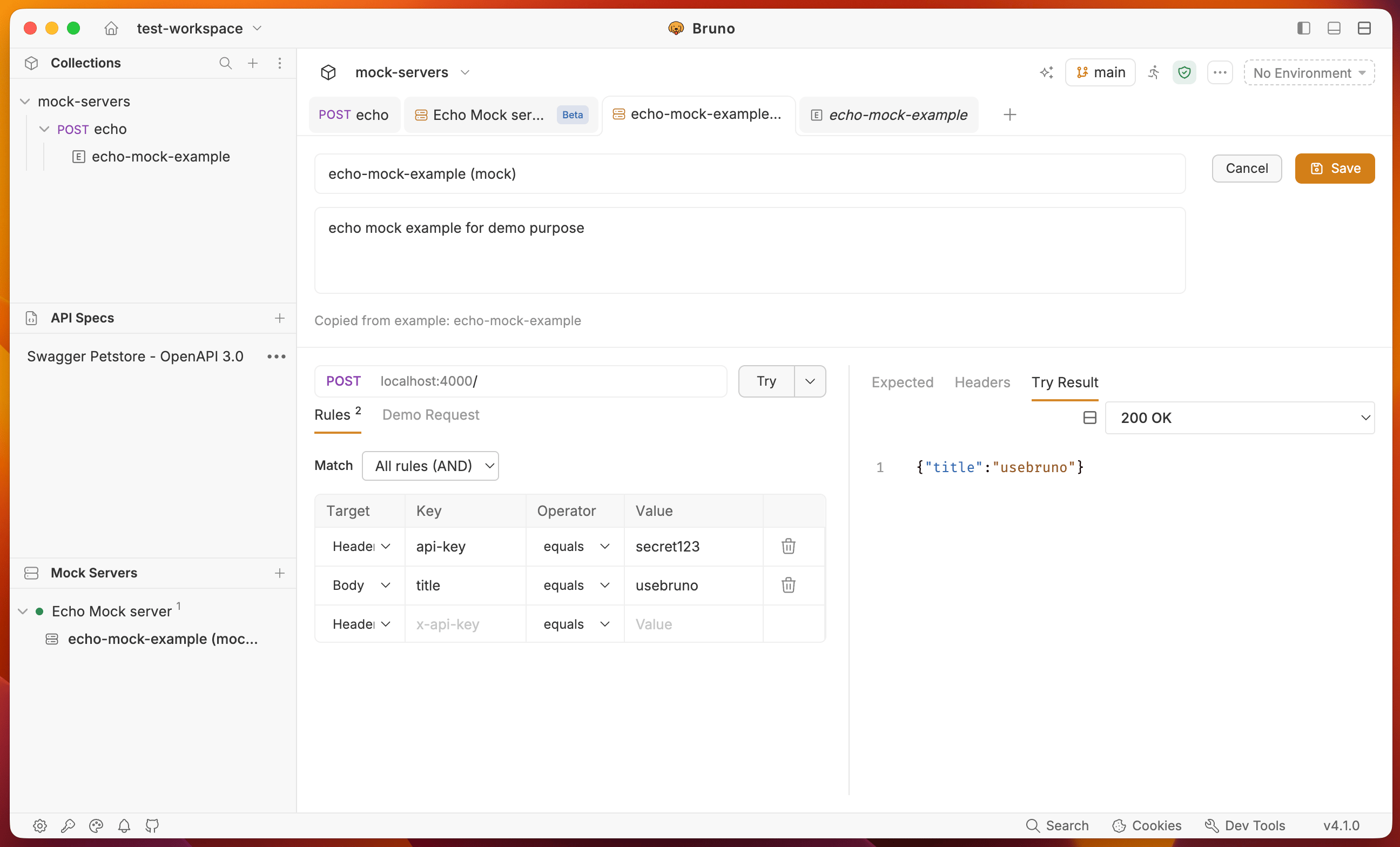 Rules editor with Save, Try, and Try Result