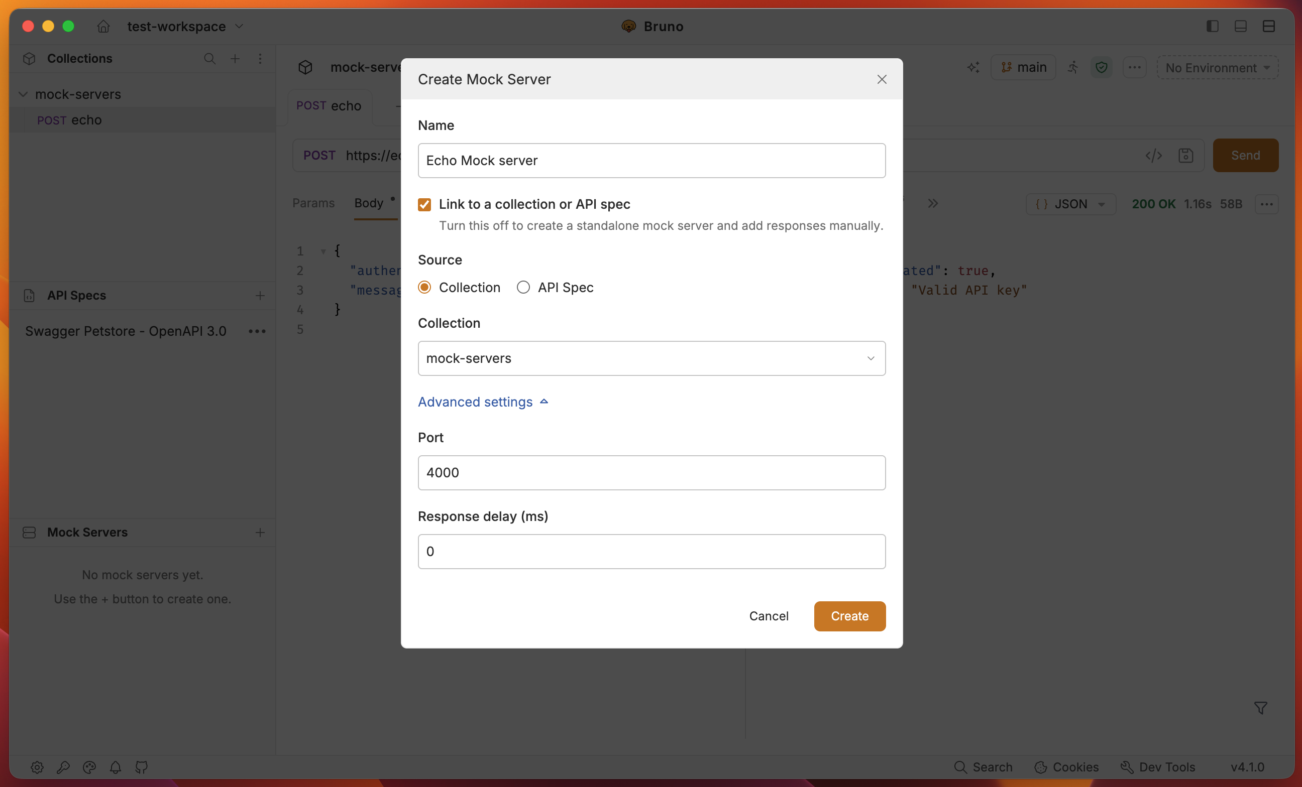 Create Mock Server dialog with Collection as the source