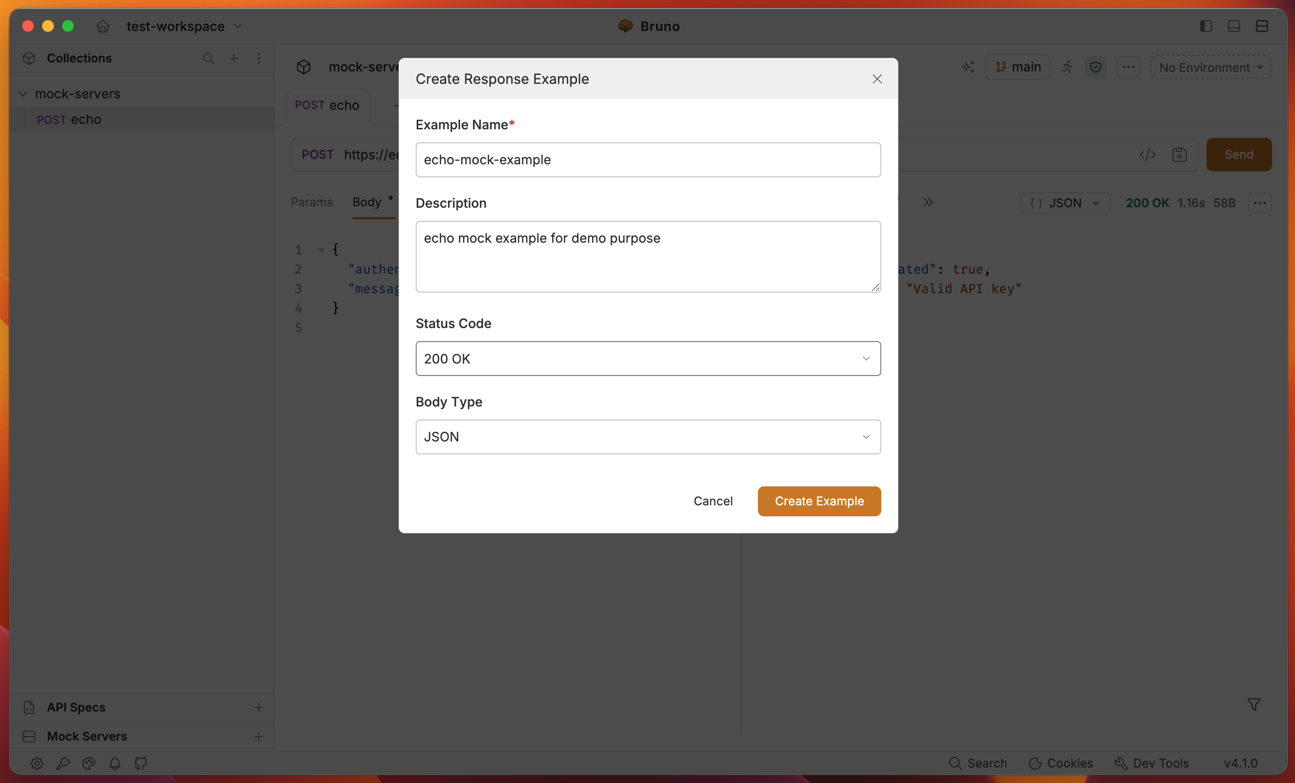 Create Response Example dialog