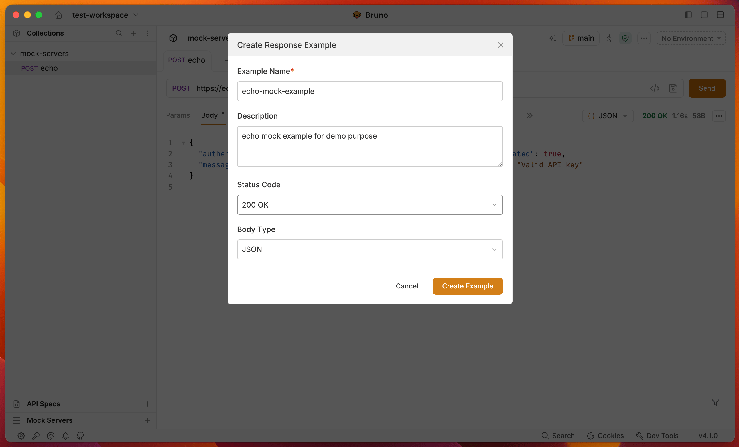 Create Response Example dialog