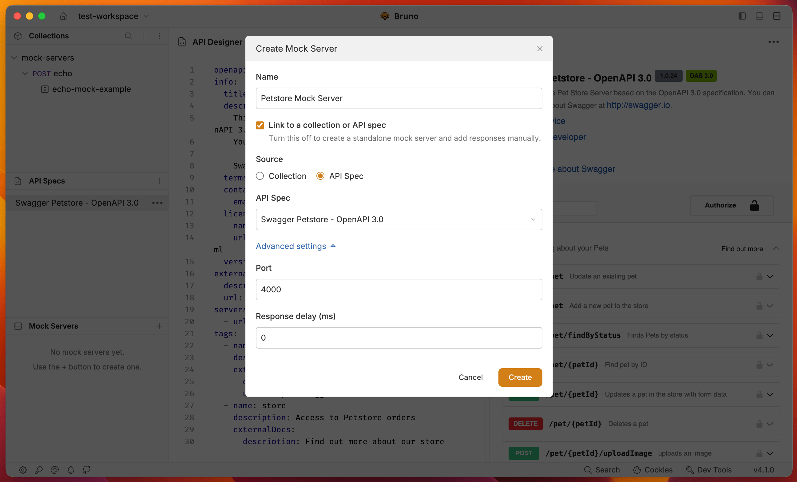Create Mock Server dialog with API Spec as the source