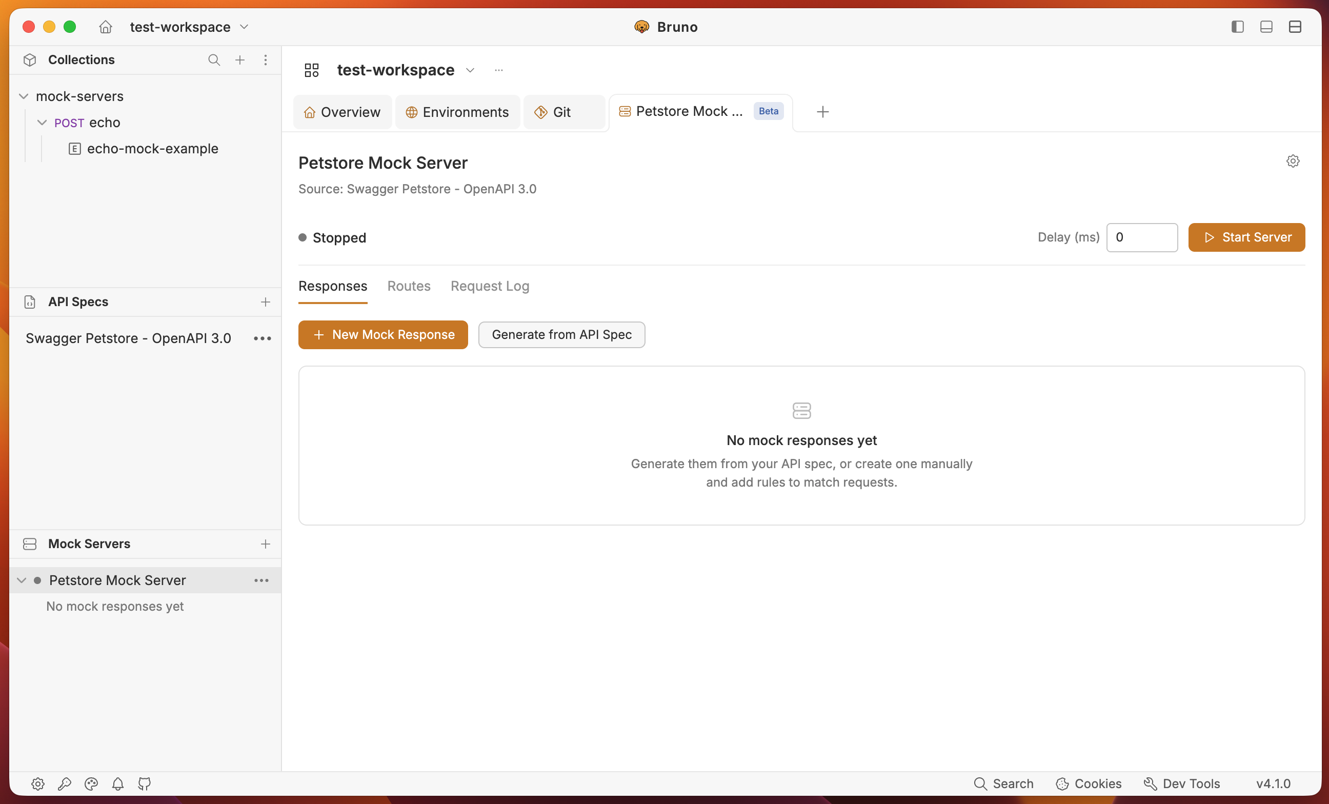 Spec-linked mock server dashboard with no responses yet