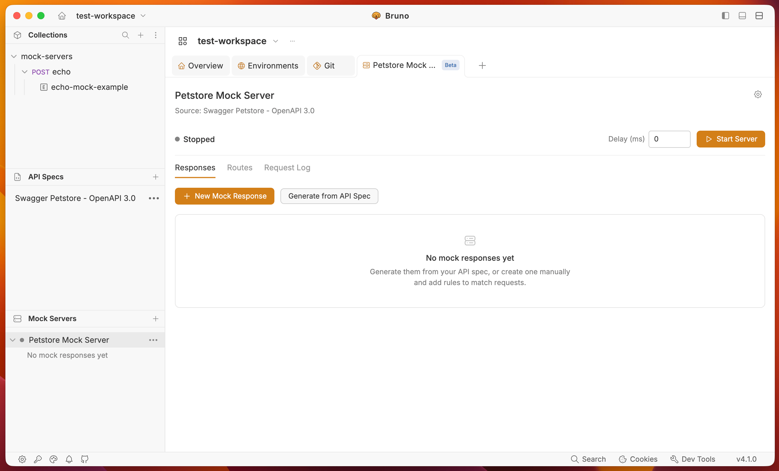 Spec-linked mock server dashboard with no responses yet